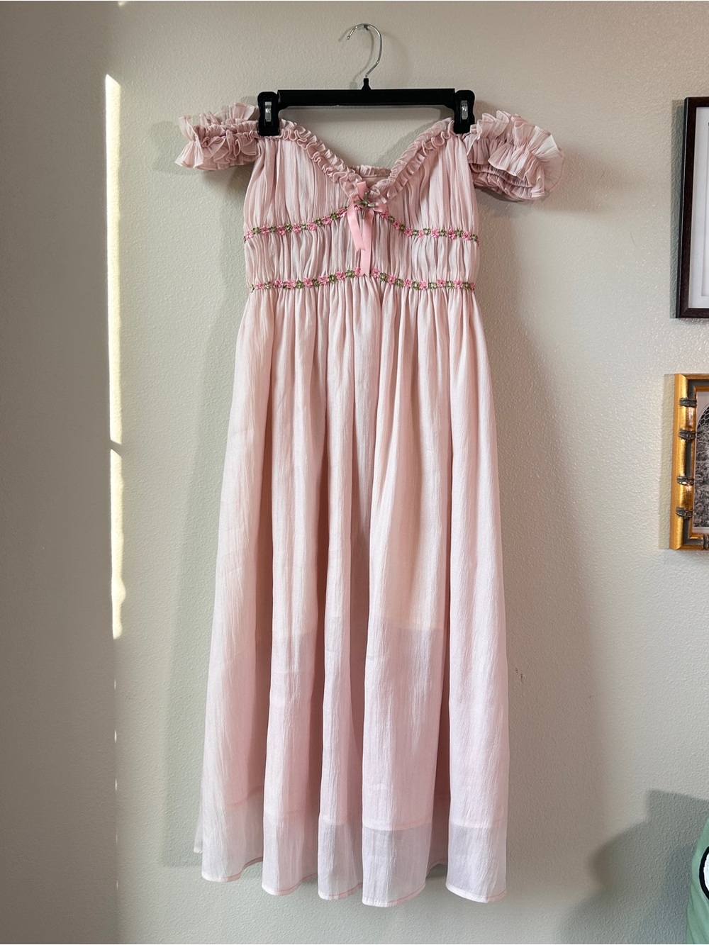 LaceMade Aurora Blush Pink Off-Shoulder Ruffle Floral Princess Midi Dress XS